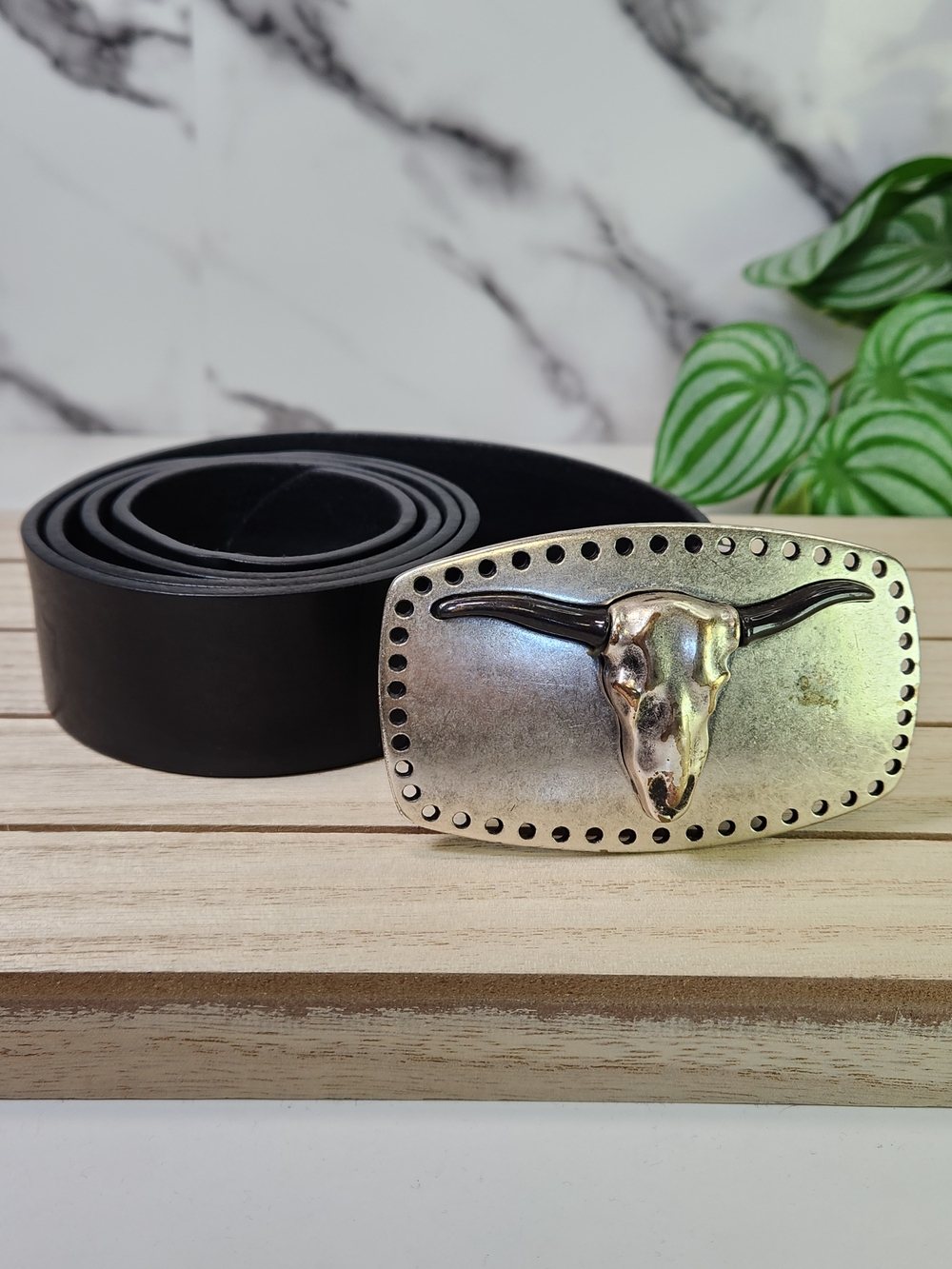 Bull Skull Buckle Genuine Leather Belt. Made In Italy.
